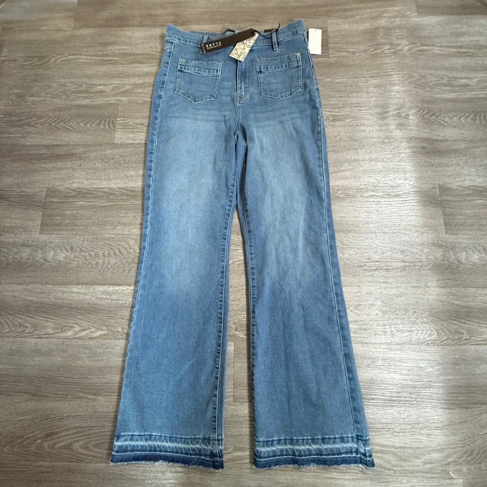 Nanette Lepore Jolie Super High Rise Flare Jeans Medium Blue Raw Hem Size 12 NEW